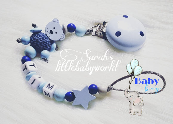 Schnullerkette mit Name blau Teddy Stern