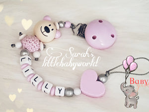 Schnullerkette mit Name Teddy Herz rosa Mädchen